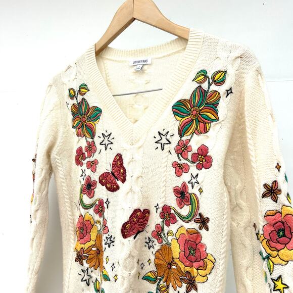 Johnny Was Wonder Years Cable Knit Embroidered Sweater Wool Cashmere Small - Picture 8 of 11